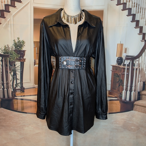 Love 83 Dresses & Skirts - Black Faux Leather Sleek Long Sleeve Low-Cut Mini Shirt Dress